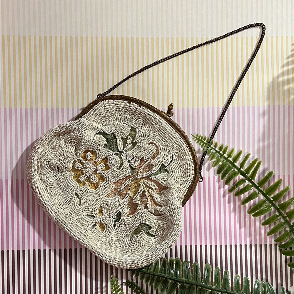 Longchamps France Vintage Beaded Floral Cream Handbag